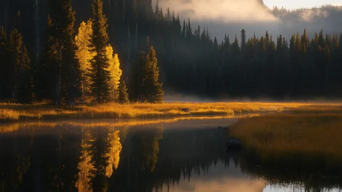 Golden Morning Light Over a Tranquil Lake and Forest