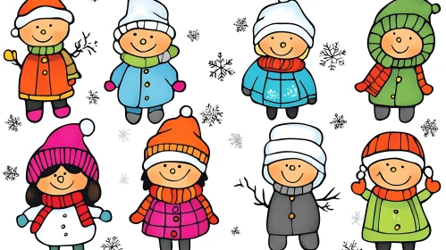 Cartoon Children in Winter Outfits