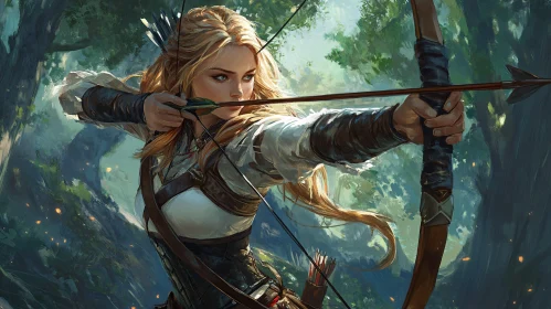 Female Archer Aiming in Forest Scene