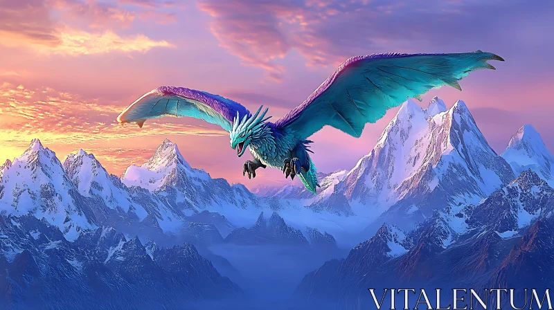 Teal Dragon Soaring Above Mountains AI Image