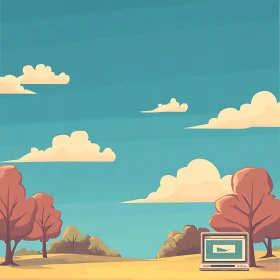 Peaceful Digital Nature Scene with Trees and Laptop