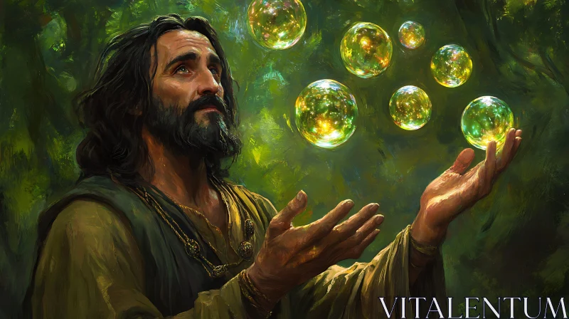 AI ART Man Gazing at Luminous Spheres Art