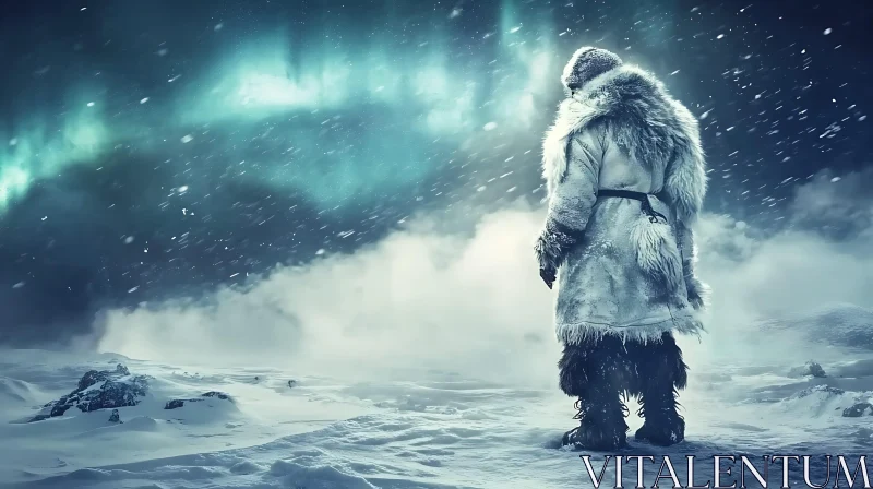 Snowy Aurora Landscape With Fur Clothed Person AI Image