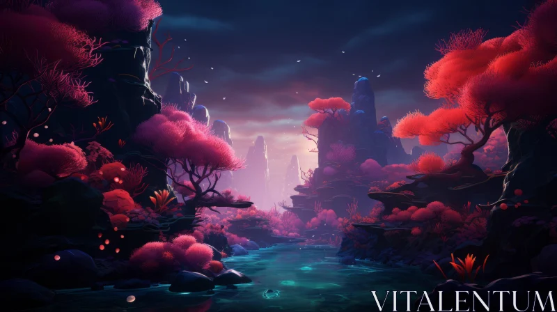 Captivating Nature Art: Pink Tree, River, and Mushrooms AI Image
