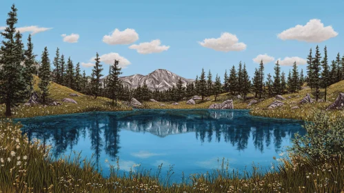 Peaceful Lake Scene with Mountain View