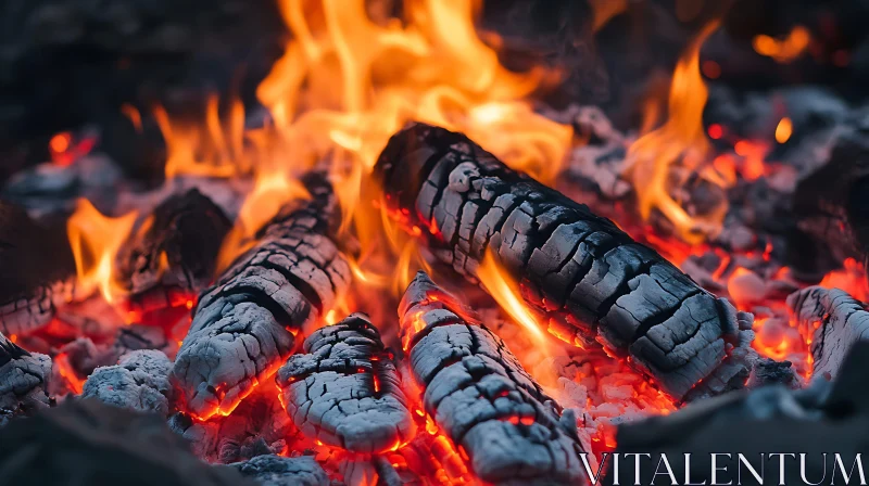 Close-up of Campfire Embers and Burning Logs AI Image