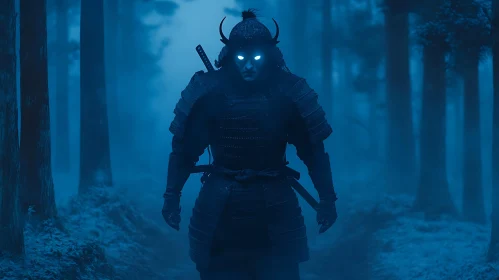 Glowing-Eyed Samurai in Dark Woods