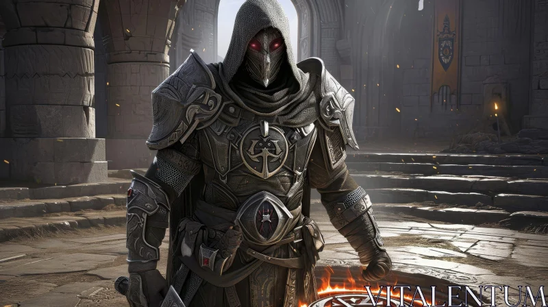 Dark Fantasy Warrior Concept Art | Ruined Courtyard | Armor | Sword | Shield AI Image