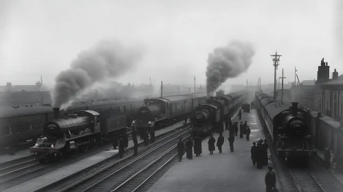 Monochrome Railway Scene with Trains