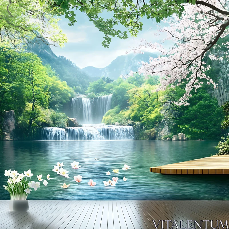 Peaceful Waterfall Lake with Floating Flowers AI Image