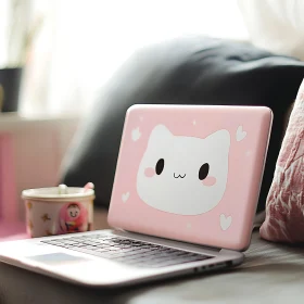 Charming Cat-Themed Laptop Cover in Cozy Setting