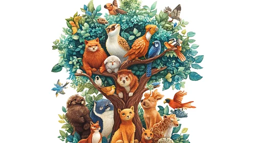 Diverse Wildlife within a Tree Illustration