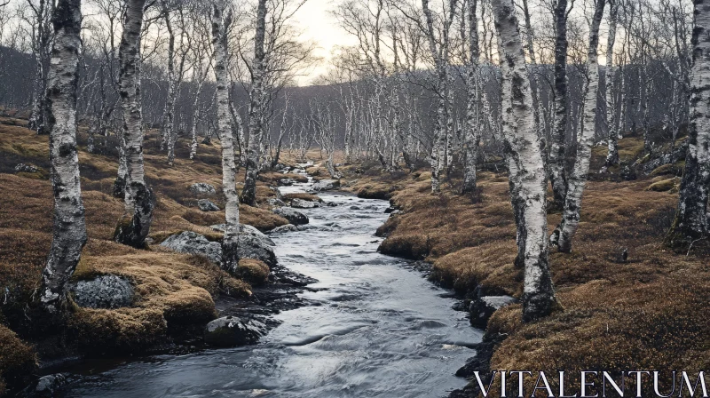 AI ART Autumnal Forest with Birch Trees and Flowing Stream