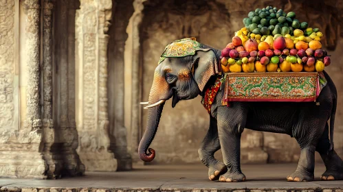 Fruit-laden Elephant in Historical Setting