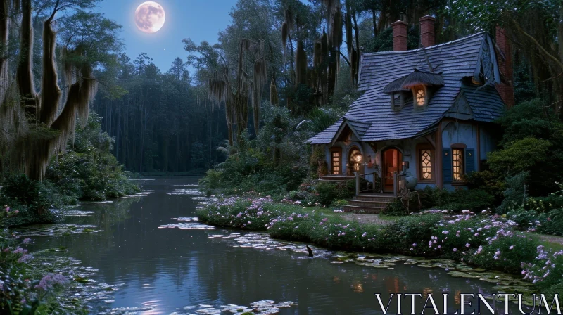 Night Scene Cottage in Forest - Serene and Enchanting AI Image