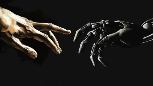 Robotic Hand Reaching for Human Hand - Detailed Science Fiction Illustration