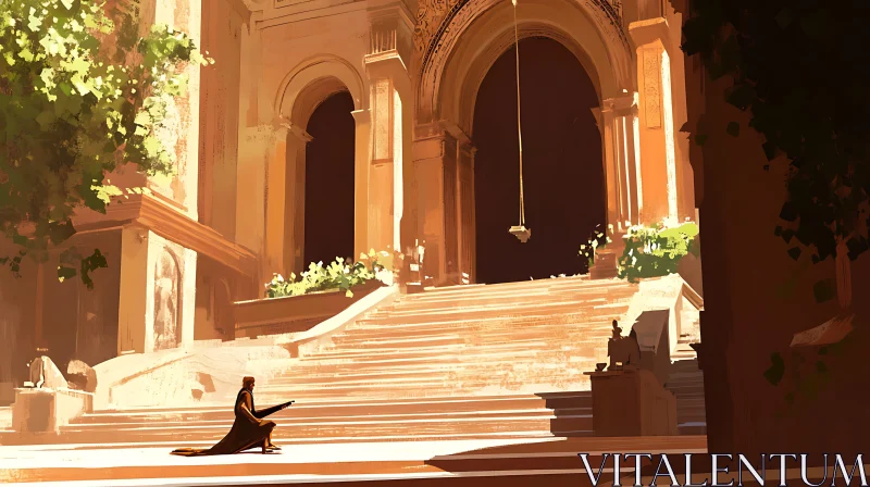 Sunlit Building with Figure on Steps AI Image