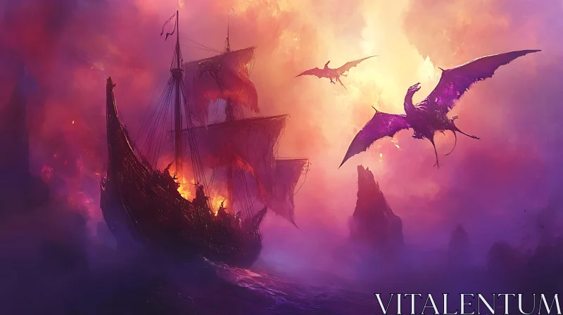 Epic Voyage: Dragons Shadow Viking Ship AI Image