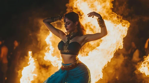 Woman dancing with fire flames show