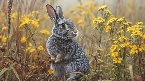 Gray Bunny Among Yellow Blooms