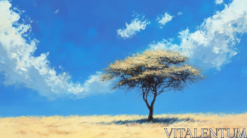 AI ART Lone Tree Amidst a Vast Golden Field