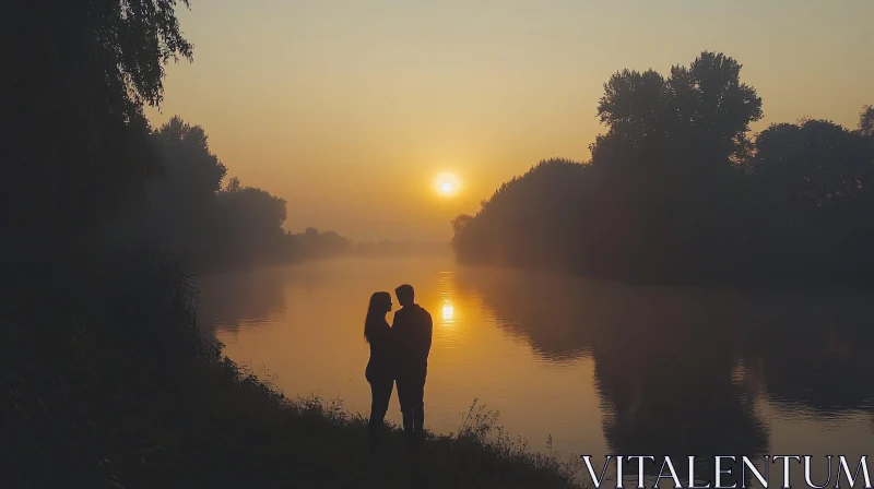 Couple's Silhouette at Dawn by the Water AI Image