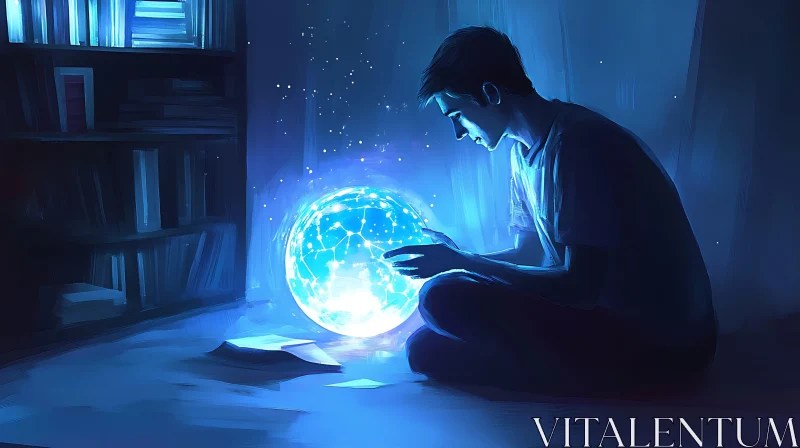 Glowing Sphere and Contemplative Figure AI Image