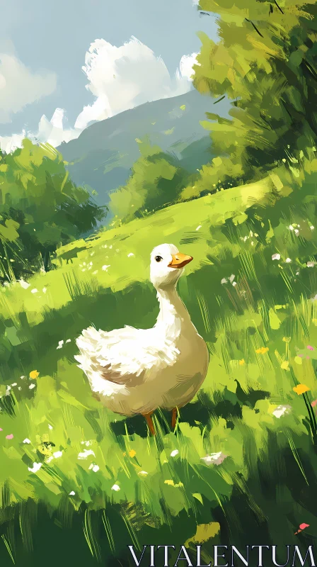 Peaceful Duck in a Sunlit Field AI Image