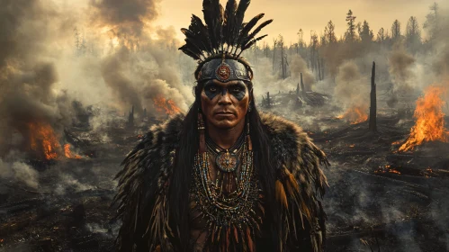 Indigenous Man in Fire Landscape