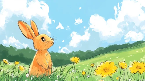 Illustrated Rabbit in Springtime Scenery