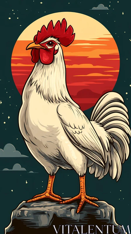 AI ART Stylized Rooster against a Sunset