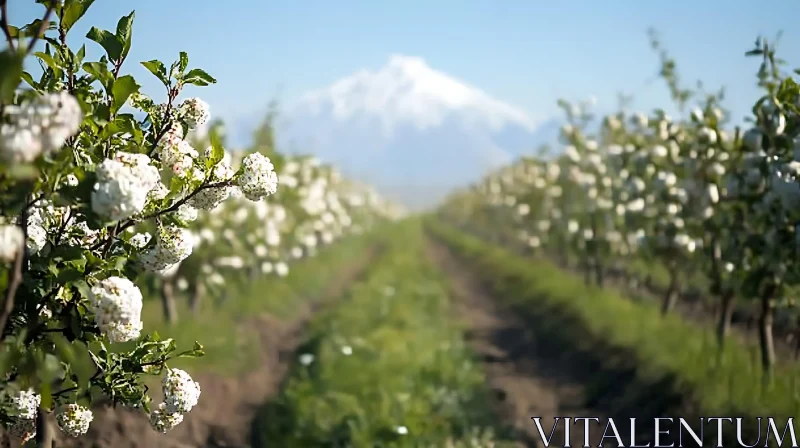 AI ART Blooming Orchard with Mountain View