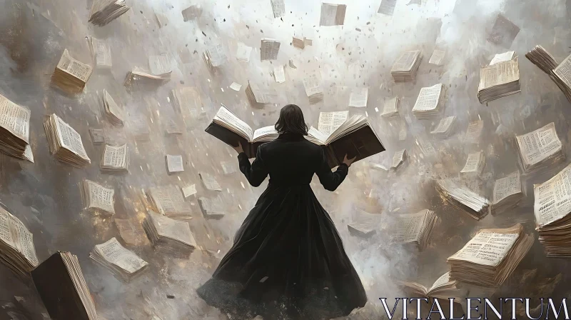 AI ART Woman Surrounded by Floating Books Art