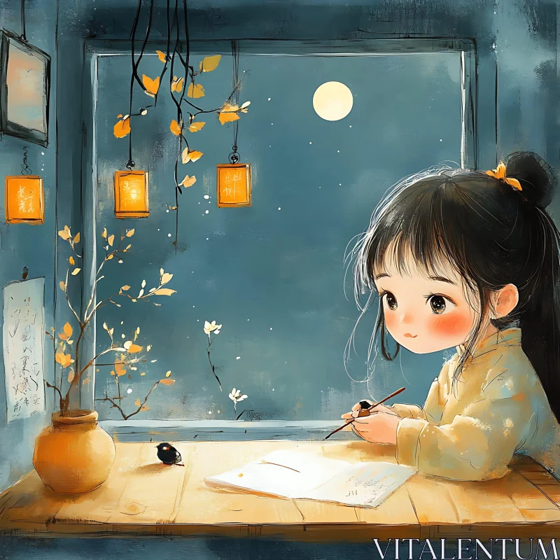 Moonlit Writing Session Anime Art AI Image