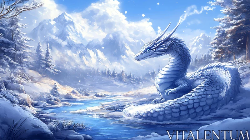 AI ART White Dragon Winter Fantasy Scene