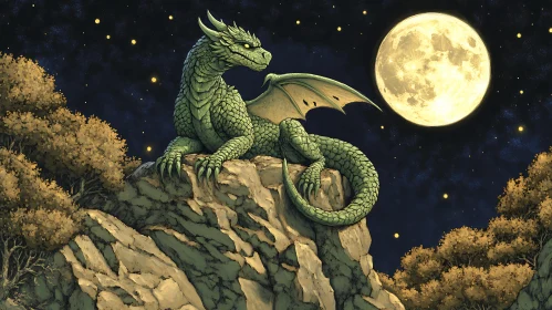 Green Dragon Perched on Rock at Night