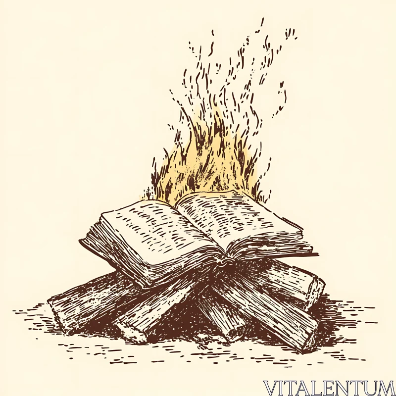 Flaming Book Sketch on Logs AI Image