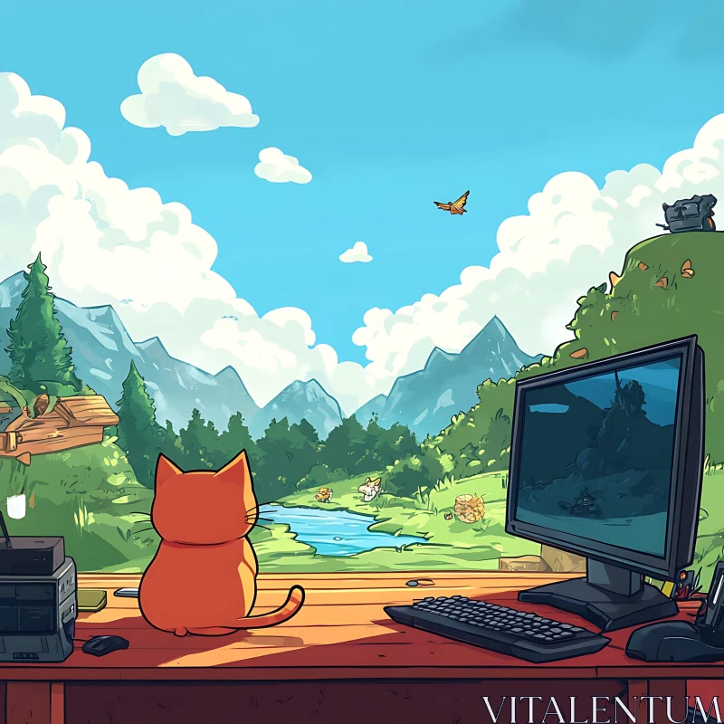 Charming Cat Gazing Out at Scenic Landscape AI Image