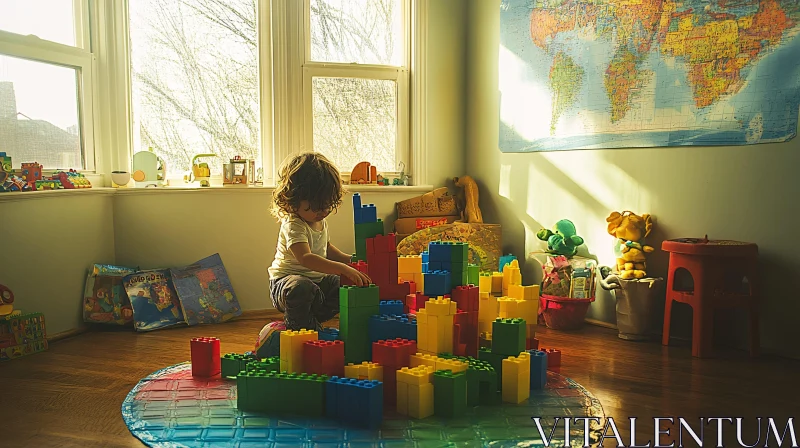 Sunlit Room: Child's Playtime with Blocks AI Image