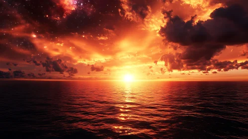 Ocean Sunset with Fiery Clouds
