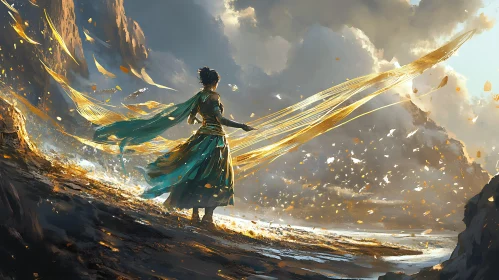 Woman in Teal Fabric with Golden Light