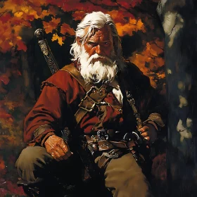 Old Warrior with Sword in Woods