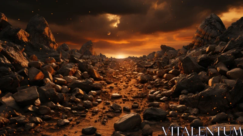 Alien Landscape with Volcanic Eruption and Desert AI Image