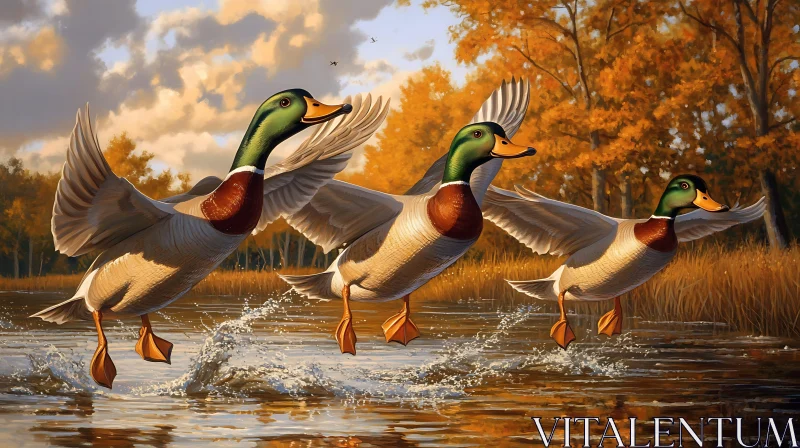 Mallards Flying Over Water Autumn AI Image