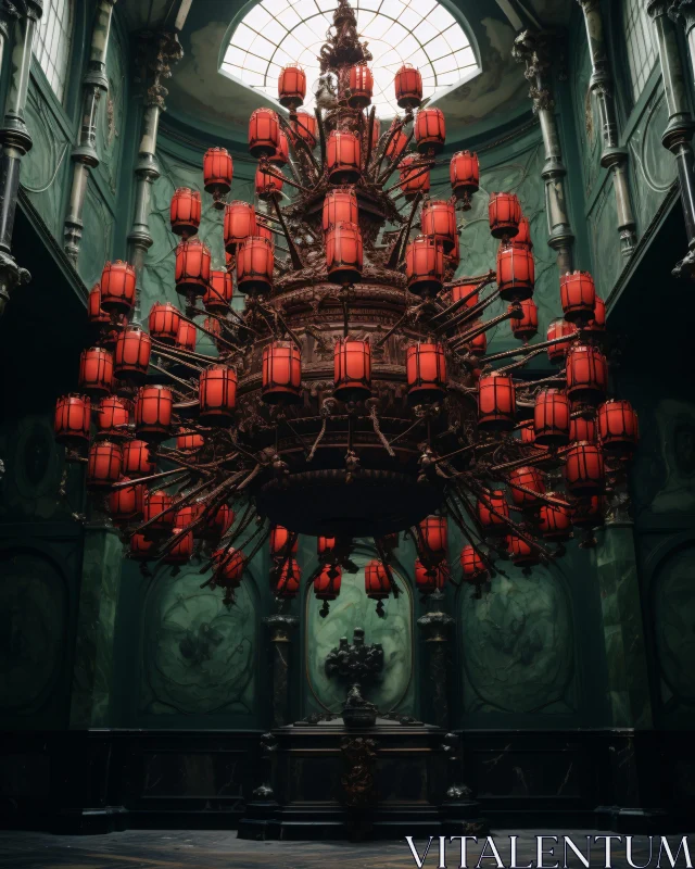 AI ART Red Lamps Chandelier in Green Hall