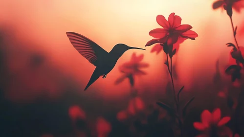 Silhouette of Hummingbird with Red Flower