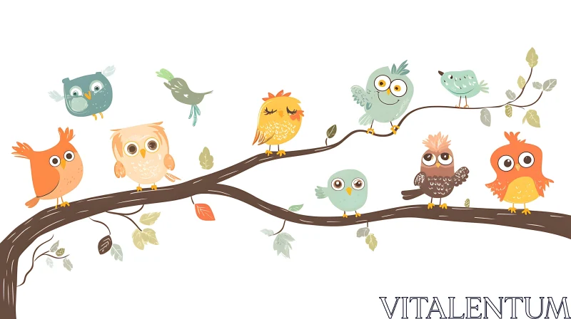 AI ART Whimsical Owls Illustration on Branch