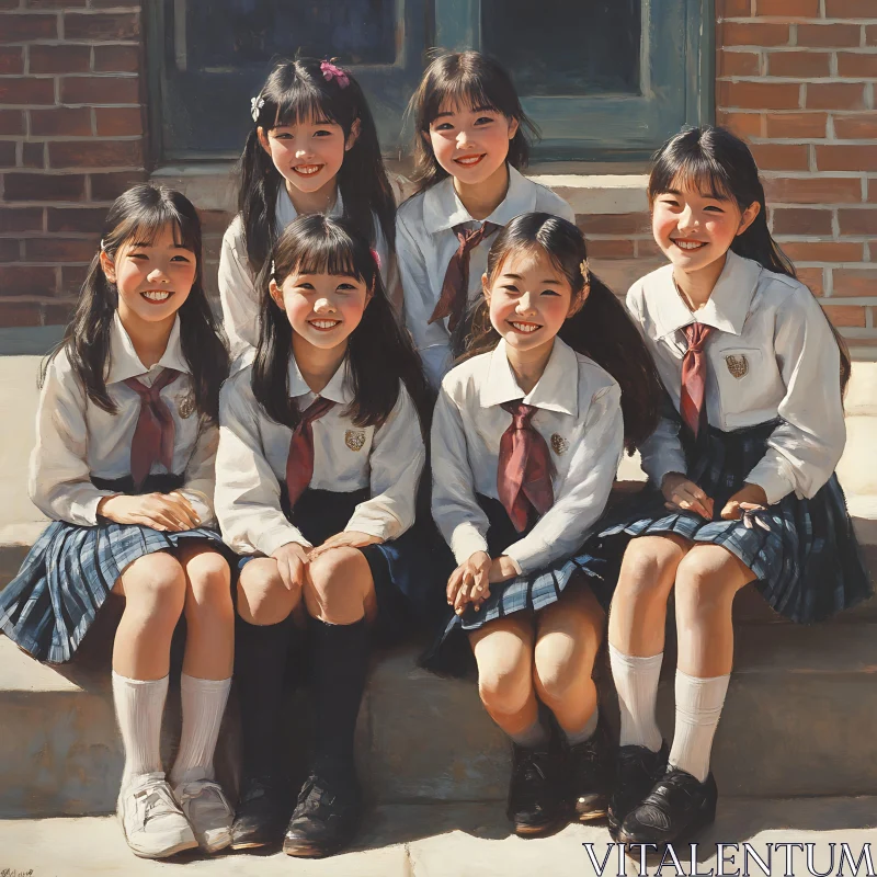 Smiling Schoolgirls on Steps AI Image