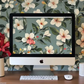 Floral Wallpaper on iMac Desk Setup