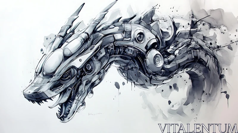 Robotic Dragon Head in Monochrome AI Image